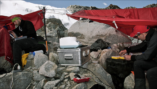 A makeshift laboratory at 5150m on glacial moraine centrifuging samples and performing cardiac echo